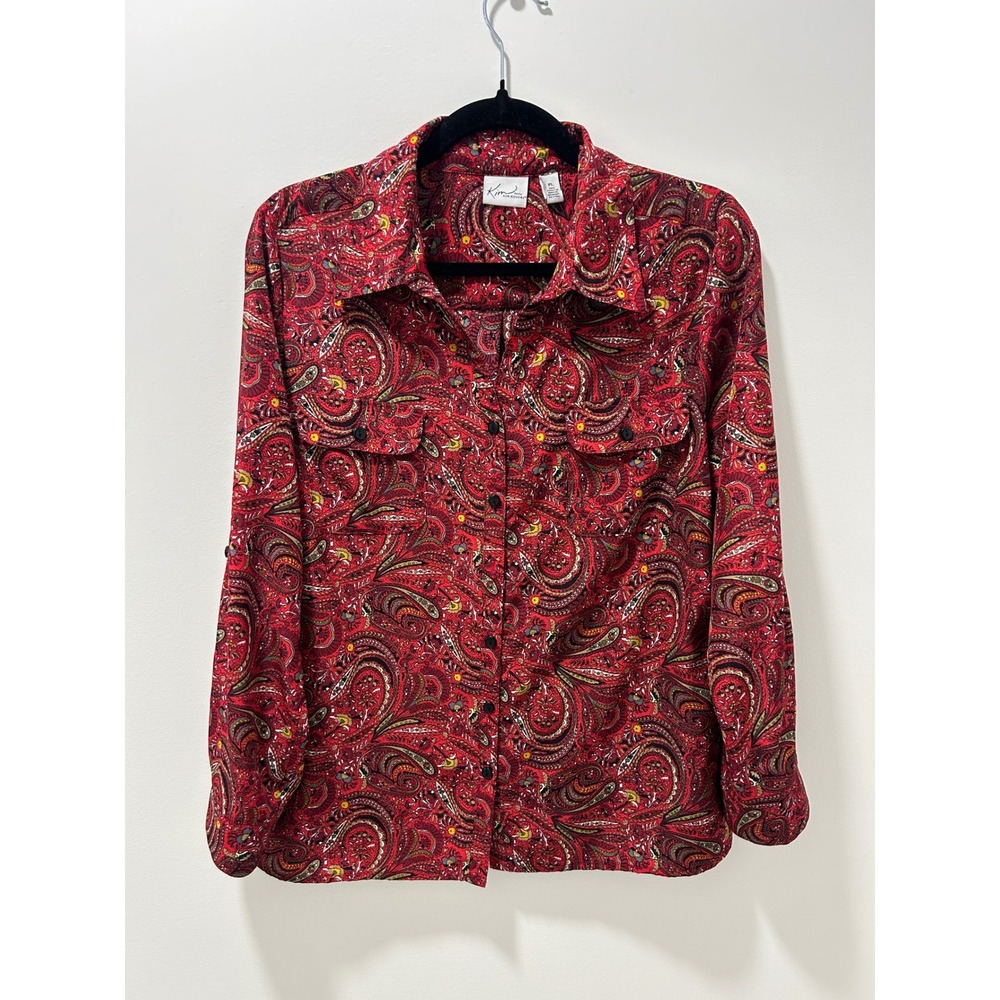 Kim Rogers Petite Red Paisley Button Down Shirt Roll Tab Sleeve PL Womens